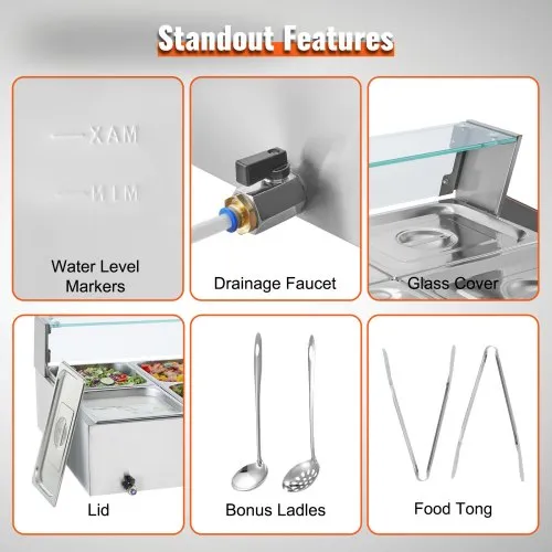 VEVOR Chauffe-Plat Buffet Bain-Marie Électrique 8 Bacs de 7,6 L Écran en Verre – Image 5