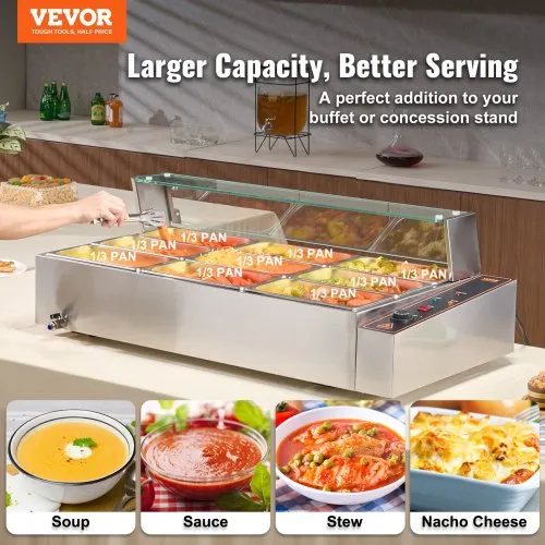 VEVOR Chauffe-Plat Buffet Bain-Marie Électrique 9 Bacs de 4,7 L Écran en Verre – Image 4