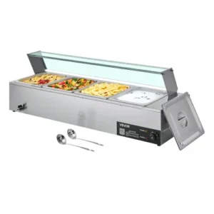VEVOR Chauffe-Plat Buffet Bain-Marie Électrique 4 Bacs de 7,6 L Écran en Verre