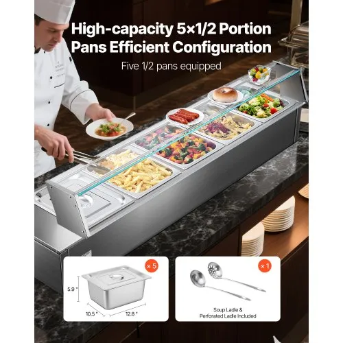 VEVOR Chauffe-Plat Buffet Bain-Marie Électrique 5 Bacs de 7,6 L Écran en Verre – Image 3