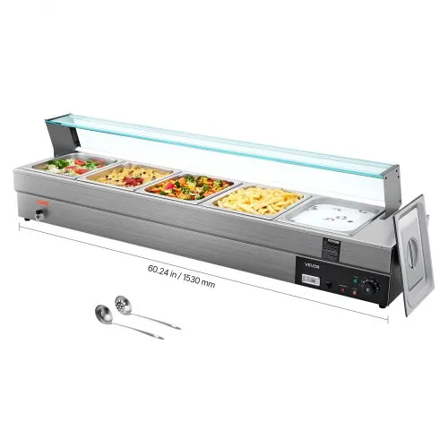 VEVOR Chauffe-Plat Buffet Bain-Marie Électrique 5 Bacs de 7,6 L Écran en Verre