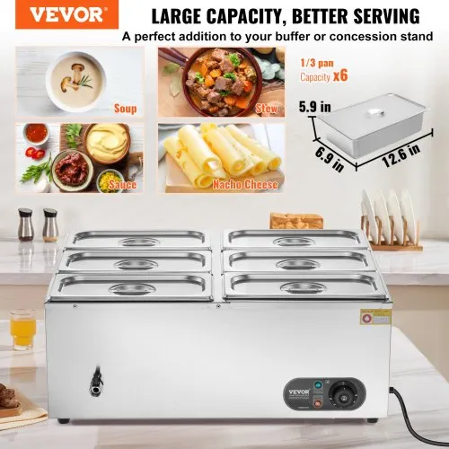 VEVOR Chauffe-Plat Buffet Bain-Marie Électrique de Comptoir 6 Bacs de 4,7 L – Image 4