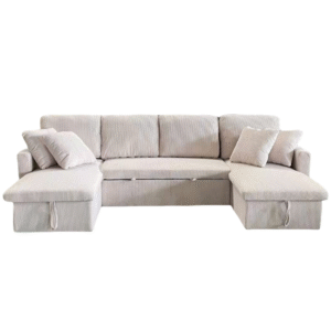 ELIOR - Canapé panoramique convertible 5 places en côtelé beige
