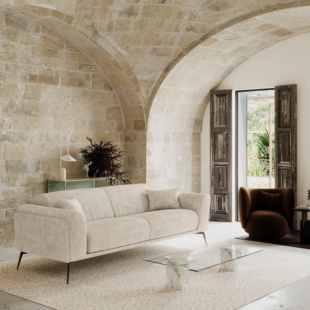 Canapé GLENN velours tramé - crème 220x90x74 cm