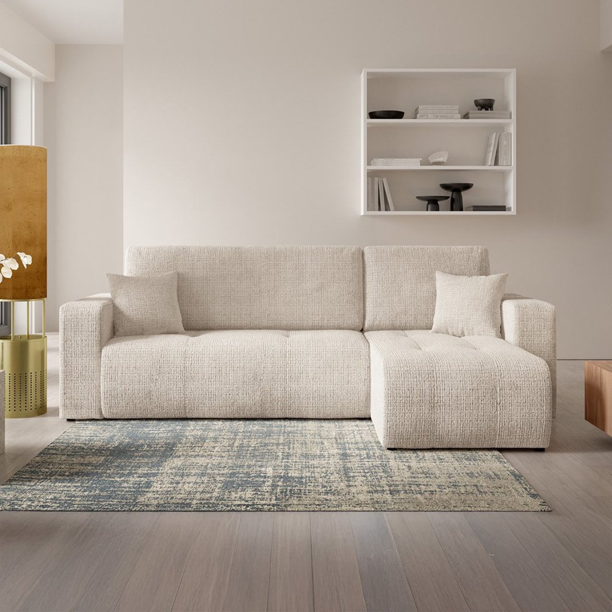 AURORE Canapé d'angle droit 3 places en tissu texturé beige