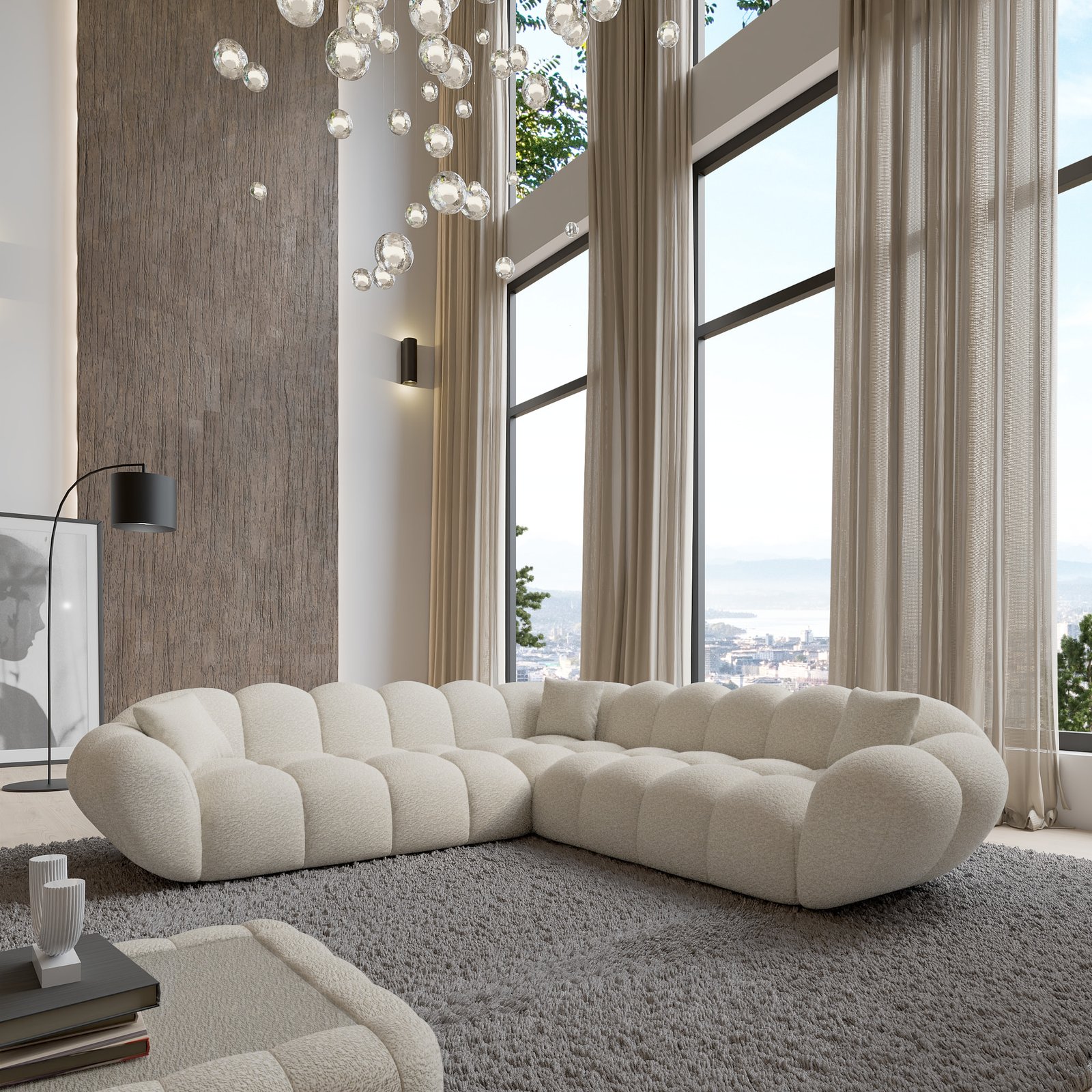 Canapé d'angle places Sognio bouclé blanc -258x258x70 cm Modèle: 6 Places – Image 2