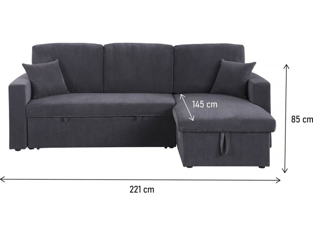 Canapé d'angle convertible en velours côtelé "Alain" - 3 places - Gris – Image 5