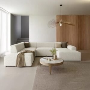 CALYS Canapé panoramique droit 5 places en tissu bouclette écrue