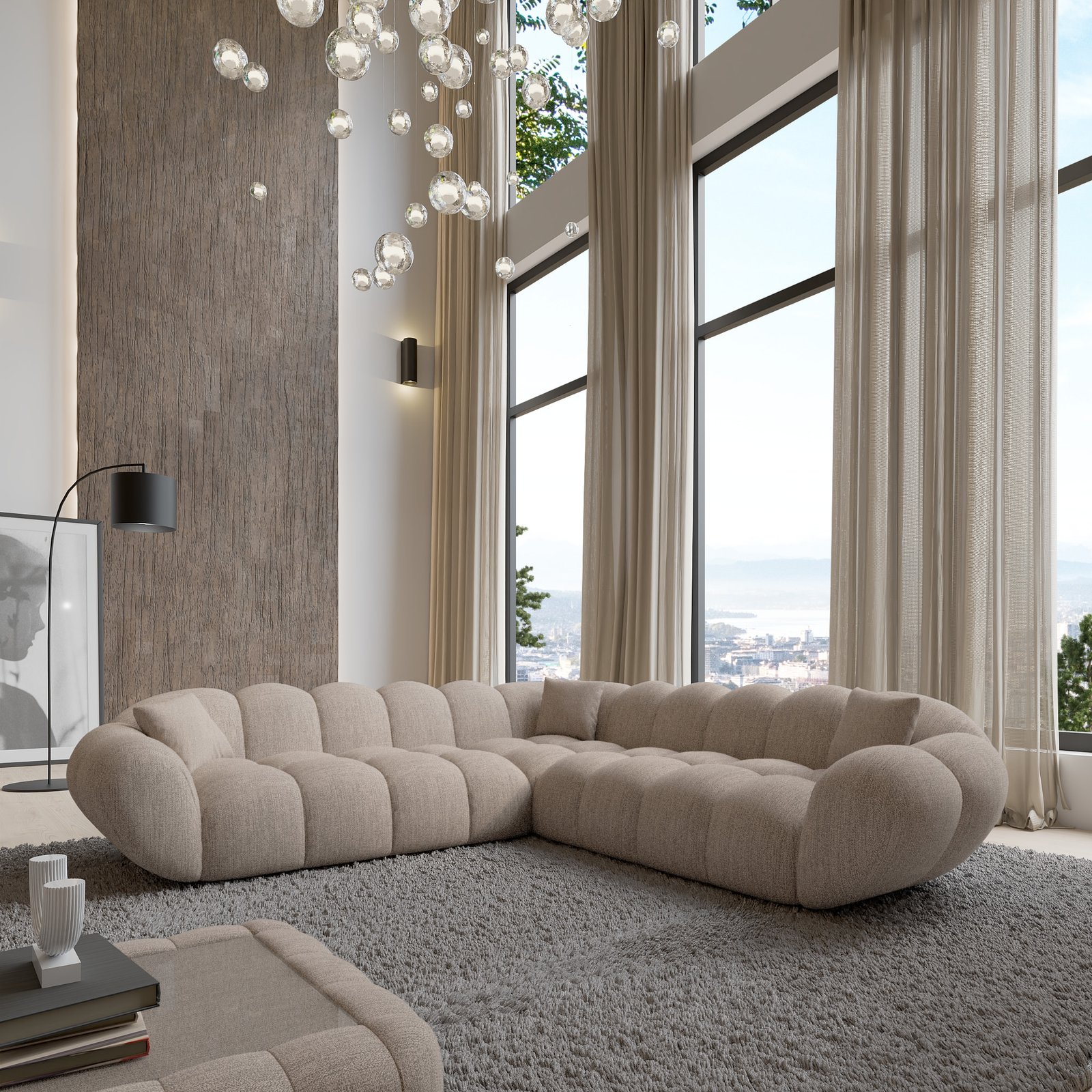 Canapé d'angle places Sognio - tissu structuré - gris clair -258x258x70 cm 6 Places