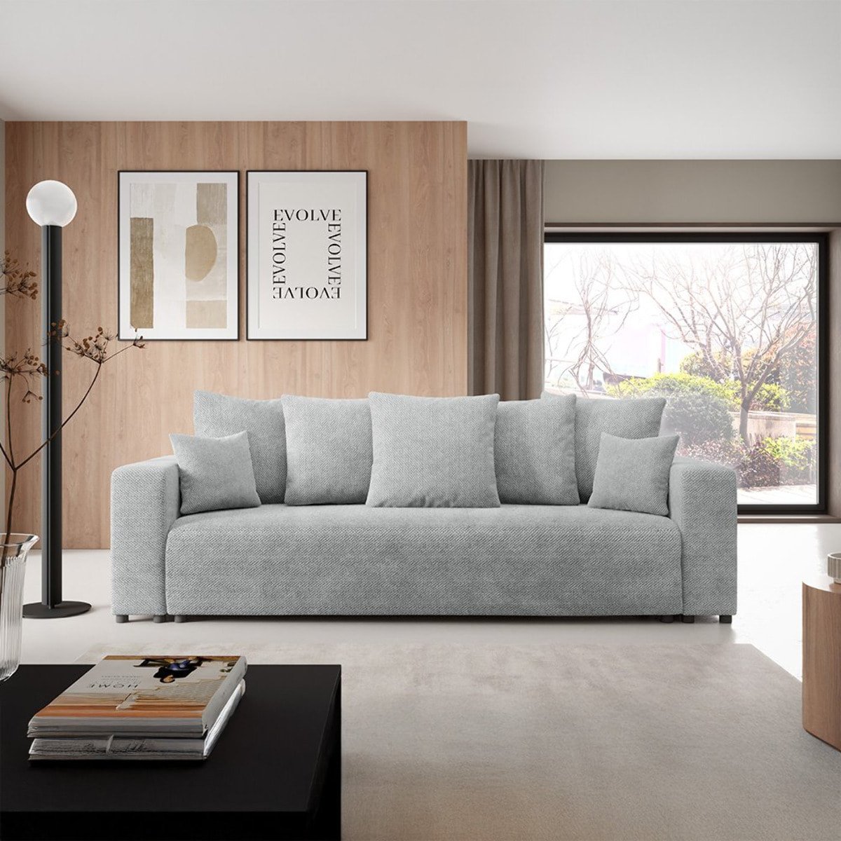 GLORIA - Canapé droit convertible 3 places en tissu gris foncé