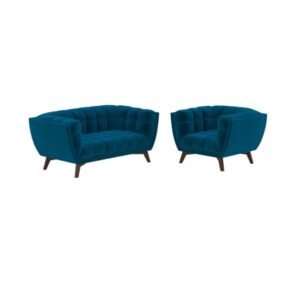 Ensemble canapé et fauteuil en velours bleu 3 places Mona
