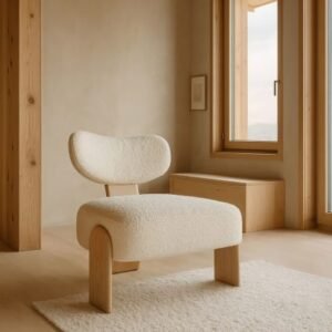 Fauteuil effet bouclette beige et structure en bois HELLA 70x72x72